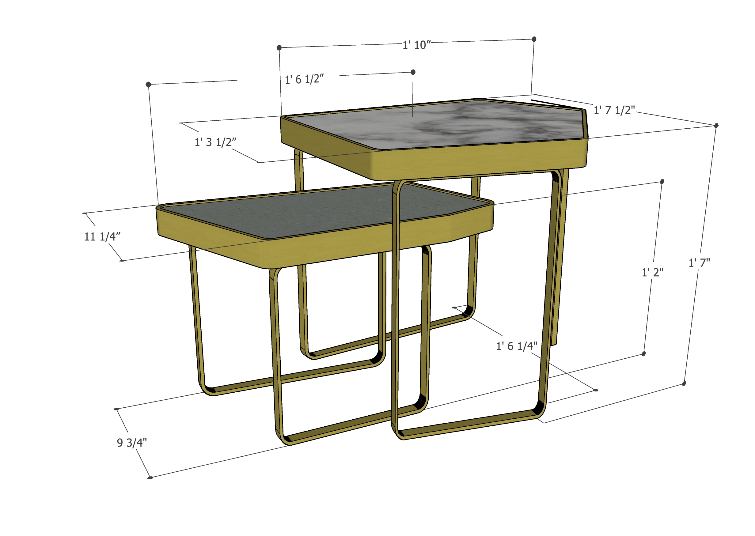 Bent Leg Stacked Tables Dimensions